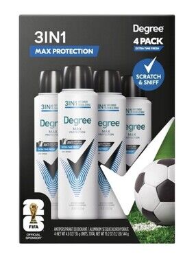 DEGREE MAX PROTECT MEN'S 3-IN-1 FRESH DRY Spray Deod 4 Pak 4.8 Oz. NWT FIFA EDIT